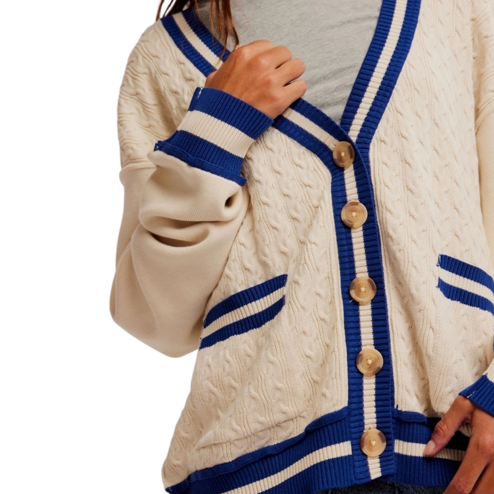 We The Free Varsity Cardigan Ecru Blue Cable Knit Oversized Collegiate S NWOT - Picture 3 of 15